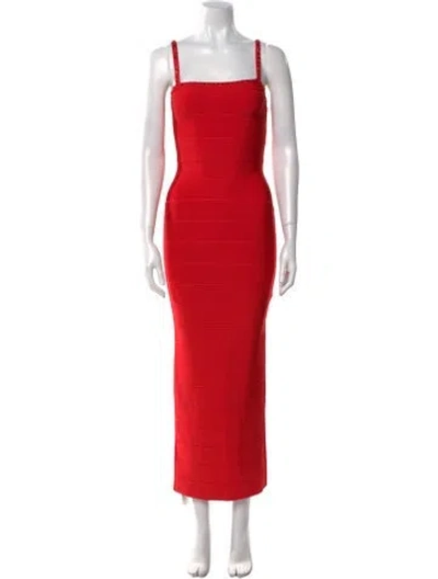 Pre-owned Herve Leger Square Neckline Long Dress In Red