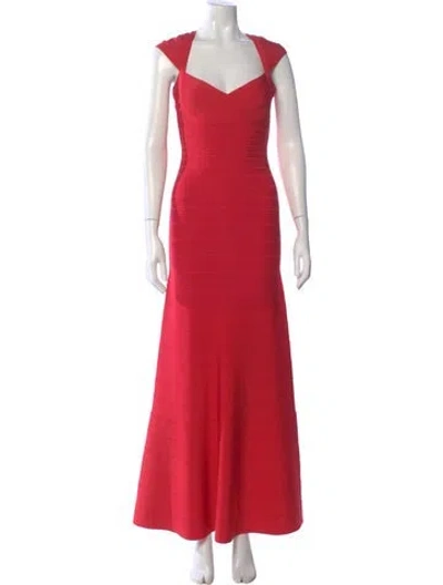 Pre-owned Herve Leger Square Neckline Long Dress In Red
