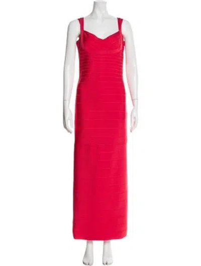 Pre-owned Herve Leger Square Neckline Long Dress In Red