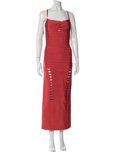 Pre-owned Herve Leger Square Neckline Long Dress W/ Tags In Red