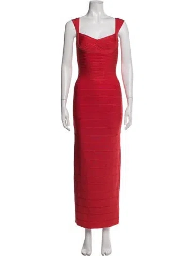 Pre-owned Herve Leger Square Neckline Long Dress W/ Tags In Red