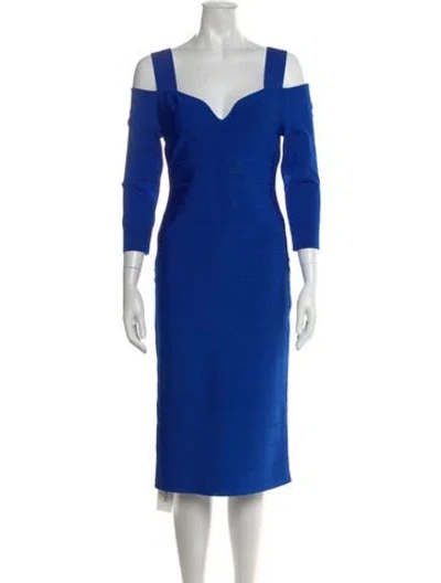 Pre-owned Herve Leger Square Neckline Midi Length Dress In Blue