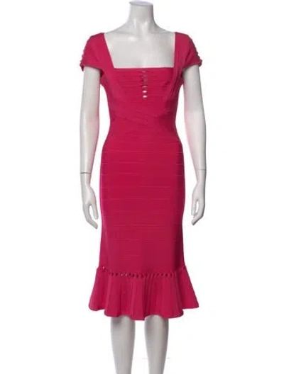 Pre-owned Herve Leger Square Neckline Midi Length Dress In Pink