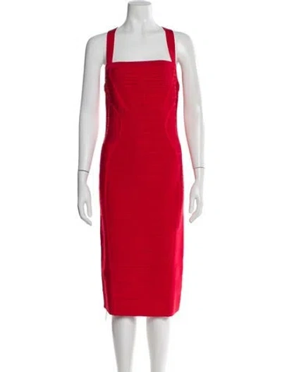 Pre-owned Herve Leger Square Neckline Midi Length Dress In Red