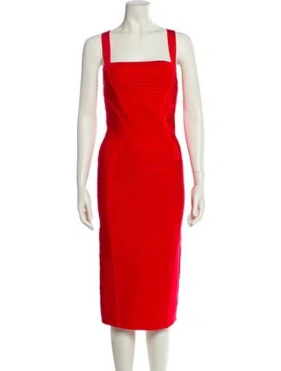 Pre-owned Herve Leger Square Neckline Midi Length Dress In Red