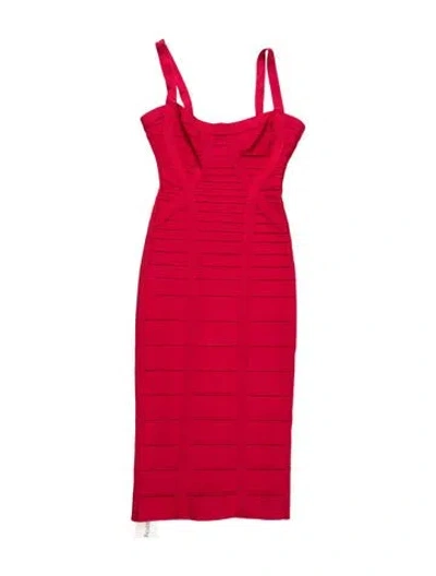 Pre-owned Herve Leger Square Neckline Midi Length Dress In Red