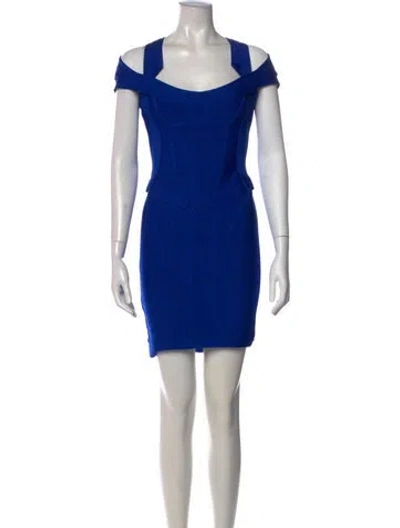 Pre-owned Herve Leger Square Neckline Mini Dress In Blue