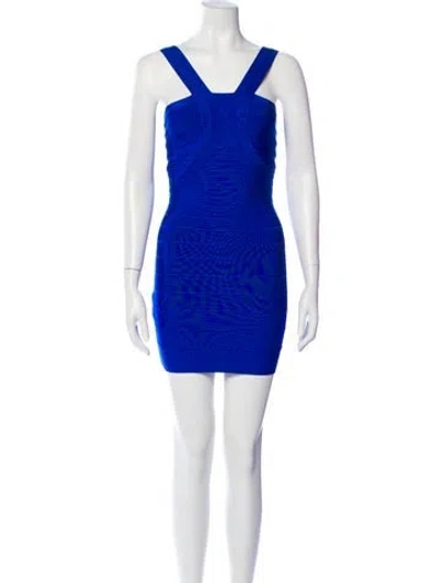 Pre-owned Herve Leger Square Neckline Mini Dress In Blue