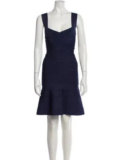 Pre-owned Herve Leger Square Neckline Mini Dress In Blue
