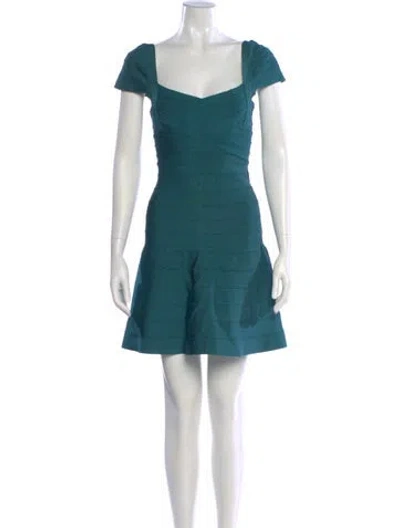 Pre-owned Herve Leger Square Neckline Mini Dress In Blue
