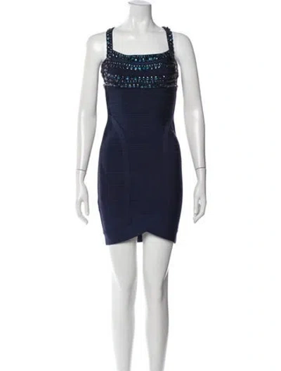 Pre-owned Herve Leger Square Neckline Mini Dress In Blue