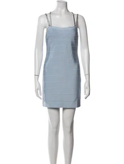 Pre-owned Herve Leger Square Neckline Mini Dress In Blue