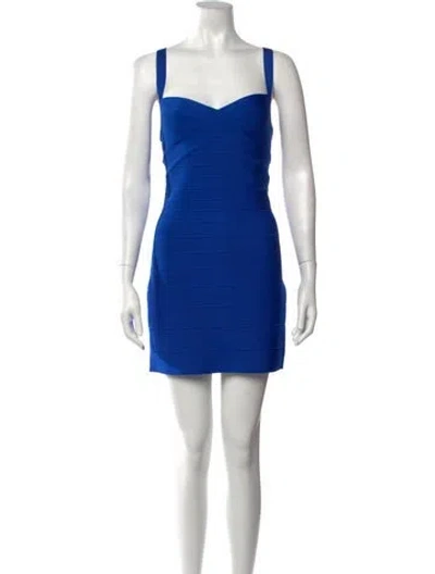 Pre-owned Herve Leger Square Neckline Mini Dress In Blue