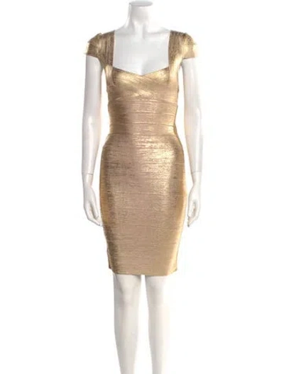 Pre-owned Herve Leger Square Neckline Mini Dress In Gold