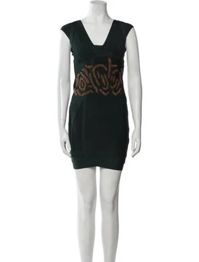 Pre-owned Herve Leger Square Neckline Mini Dress In Green