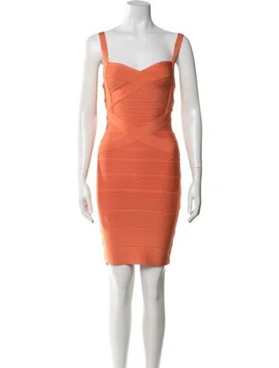 Pre-owned Herve Leger Square Neckline Mini Dress In Orange