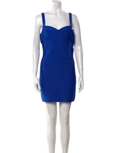 Pre-owned Herve Leger Square Neckline Mini Dress W/ Tags In Blue
