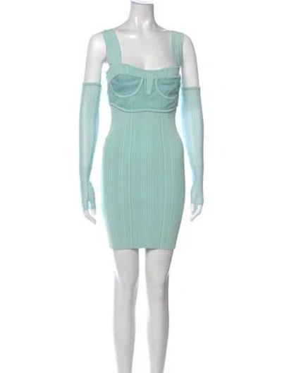 Pre-owned Herve Leger Square Neckline Mini Dress W/ Tags In Blue