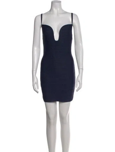 Pre-owned Herve Leger Square Neckline Mini Dress W/ Tags In Blue