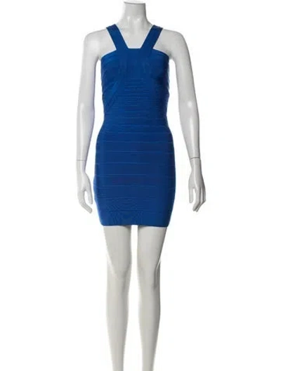 Pre-owned Herve Leger Square Neckline Mini Dress W/ Tags In Blue