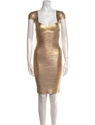 Pre-owned Herve Leger Square Neckline Mini Dress W/ Tags In Gold