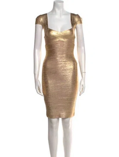 Pre-owned Herve Leger Square Neckline Mini Dress W/ Tags In Gold
