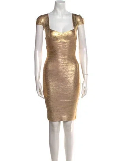 Pre-owned Herve Leger Square Neckline Mini Dress W/ Tags In Gold