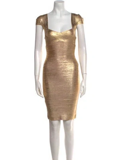 Pre-owned Herve Leger Square Neckline Mini Dress W/ Tags In Gold