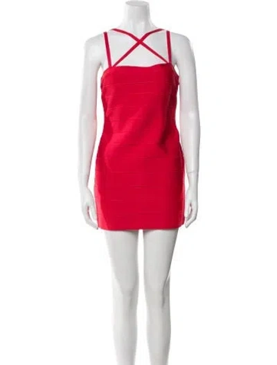 Pre-owned Herve Leger Square Neckline Mini Dress W/ Tags In Red