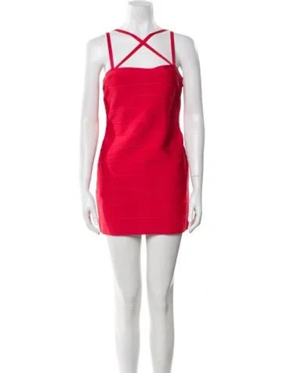 Pre-owned Herve Leger Square Neckline Mini Dress W/ Tags In Red
