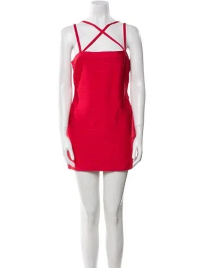 Pre-owned Herve Leger Square Neckline Mini Dress W/ Tags In Red