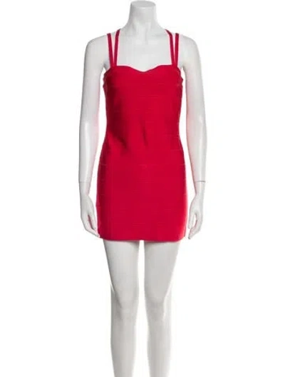 Pre-owned Herve Leger Square Neckline Mini Dress W/ Tags In Red
