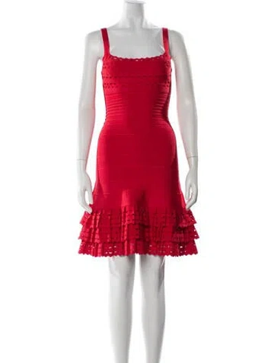 Pre-owned Herve Leger Square Neckline Mini Dress W/ Tags In Red