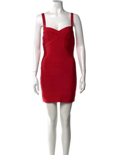 Pre-owned Herve Leger Square Neckline Mini Dress W/ Tags In Red