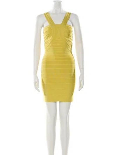 Pre-owned Herve Leger Square Neckline Mini Dress In Yellow