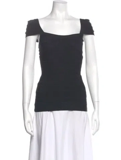 Pre-owned Herve Leger Square Neckline Short Sleeve Top In Blue