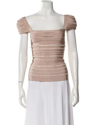 Pre-owned Herve Leger Square Neckline Short Sleeve Top In Pink