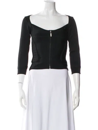Pre-owned Herve Leger Square Neckline Three-quarter Sleeve Top In Black