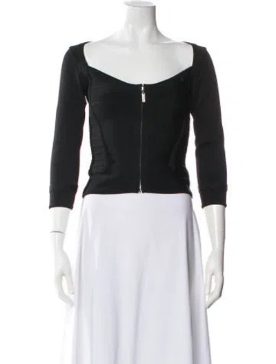 Pre-owned Herve Leger Square Neckline Three-quarter Sleeve Top In Black