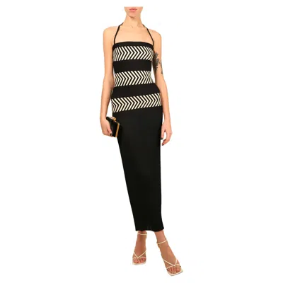 Pre-owned Herve Leger S/s 1997 Vintage Black White Ivory Bandage Body Con Halter Dress Xs