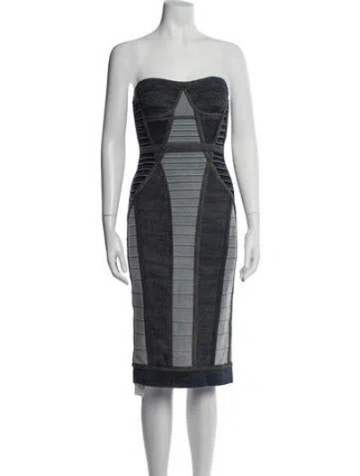 Pre-owned Herve Leger Strapless Knee-length Dress In Blue