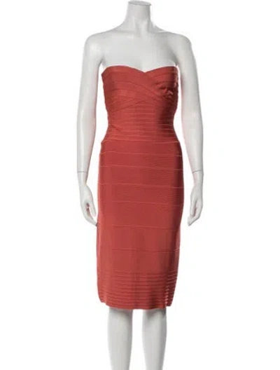 Pre-owned Herve Leger Strapless Knee-length Dress In Orange
