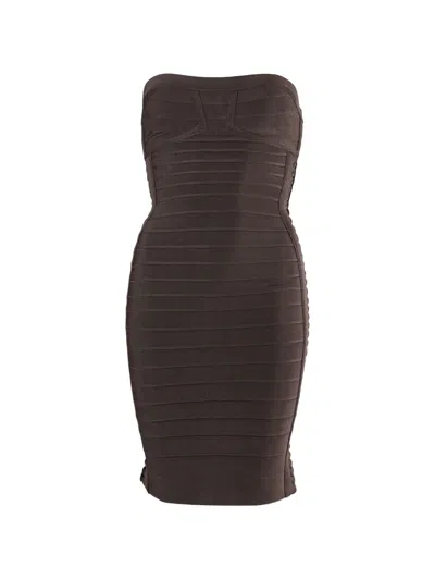 Pre-owned Herve Leger Strapless Midi Dress In Brown