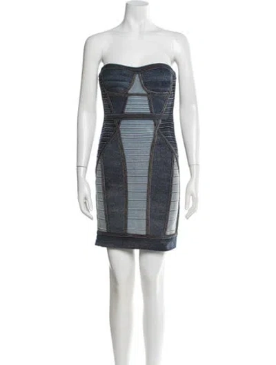 Pre-owned Herve Leger Strapless Mini Dress In Blue