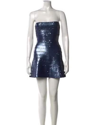 Pre-owned Herve Leger Strapless Mini Dress In Blue
