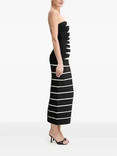 Herve Leger Strapless Stripped Midi Party Dress In Black