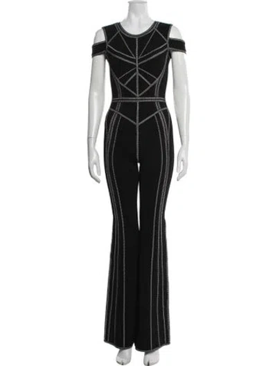 Pre-owned Herve Leger Striped Crew Neck Jumpsuit In Black