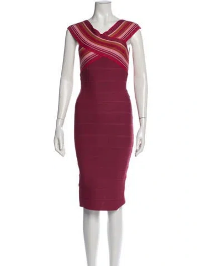 Pre-owned Herve Leger Striped Knee-length Dress In Burgundy