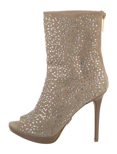 Pre-owned Herve Leger Suede Crystal Embellishments Boots In Neutral