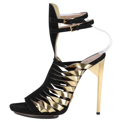 Pre-owned Herve Leger Suede Gladiator Heels In Black